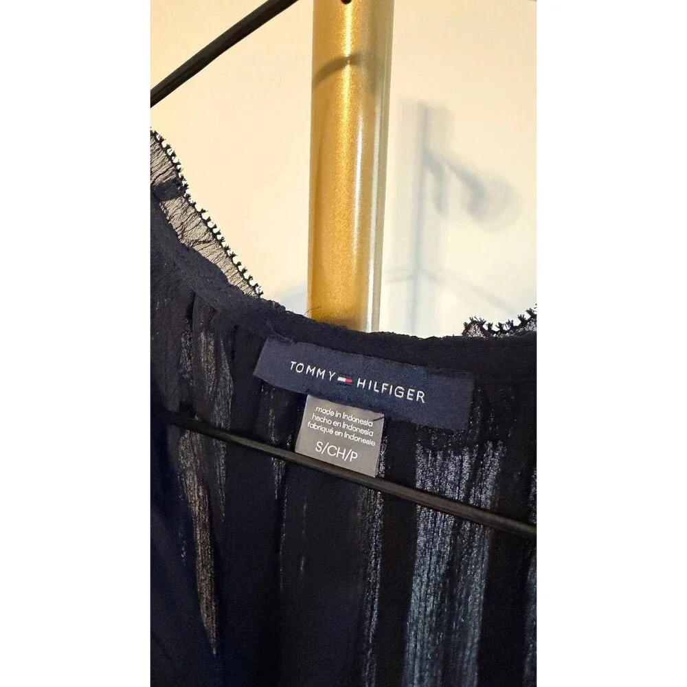 Tommy Hilfiger Split‑Neck Flutter‑Sleeve Chiffon Blouse Navy S $79 NWT - Picture 7 of 7